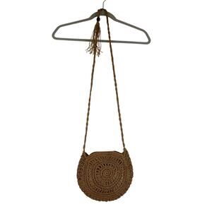 Brown Knit Woven Basket Round Shoulder Crossbody Bohemian Hippie Bag